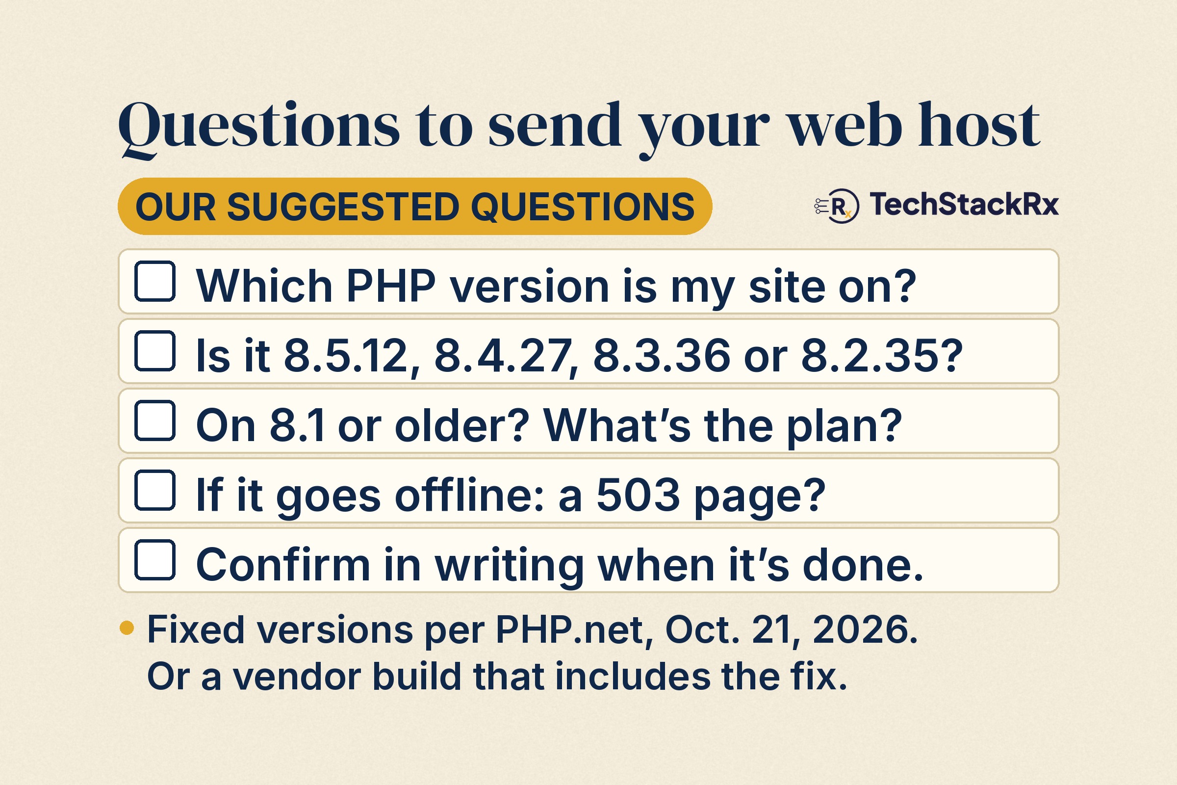 Checklist titled "Questions to send your web host": which PHP version is my site on; is it 8.5.12, 8.4.27, 8.3.36 or 8.2.35; on 8.1 or older, what's the plan; if it goes offline, a 503 page; confirm in writing when it's done.