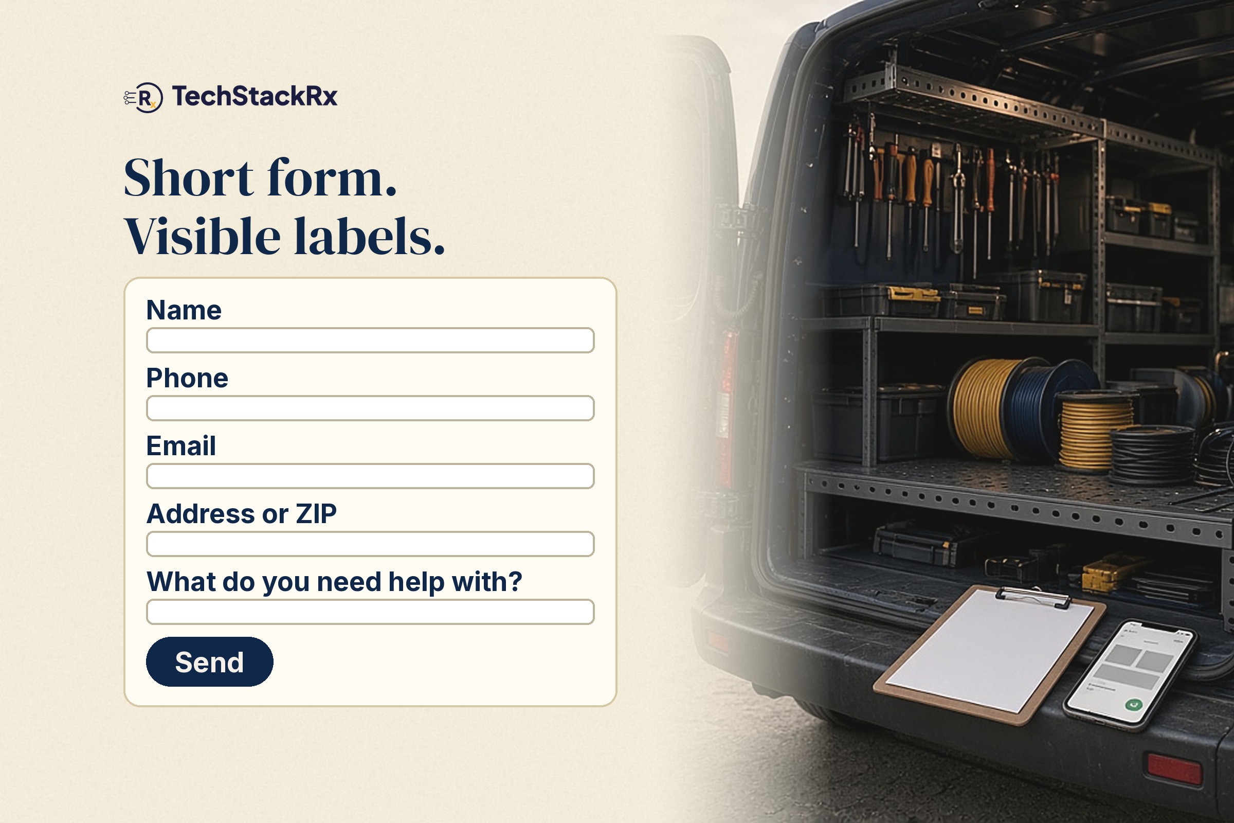 Short contact form with visible labels for Name, Phone, Email, Address or ZIP, and "What do you need help with?", next to a work van