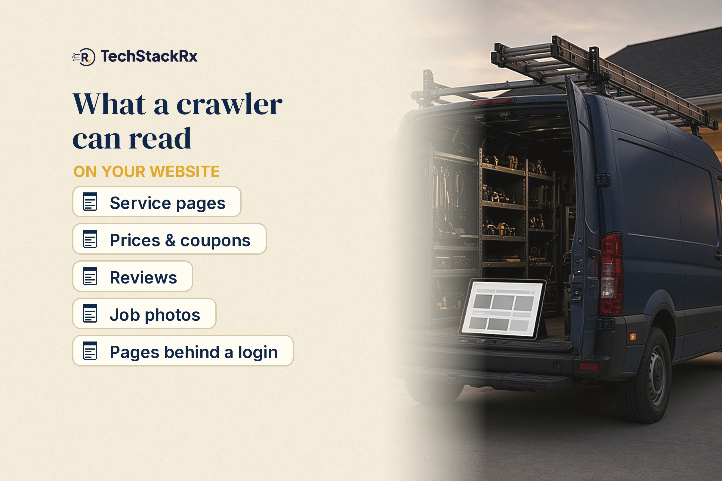 Work van with a tablet showing a website, and a list: service pages, prices and coupons, reviews, job photos, pages behind a login