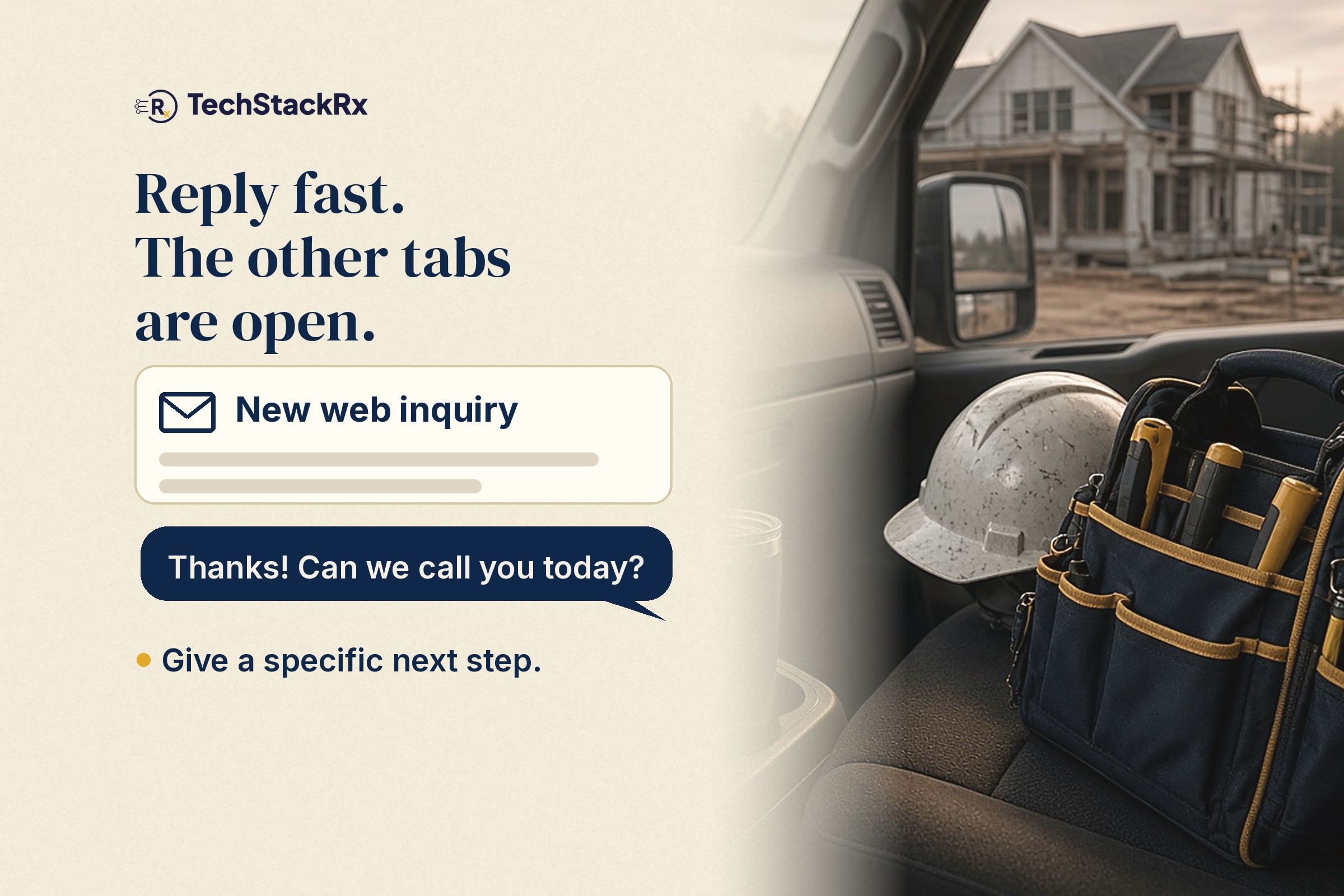 New web inquiry card and a reply offering a call today, beside a hard hat and tool bag in a work truck cab