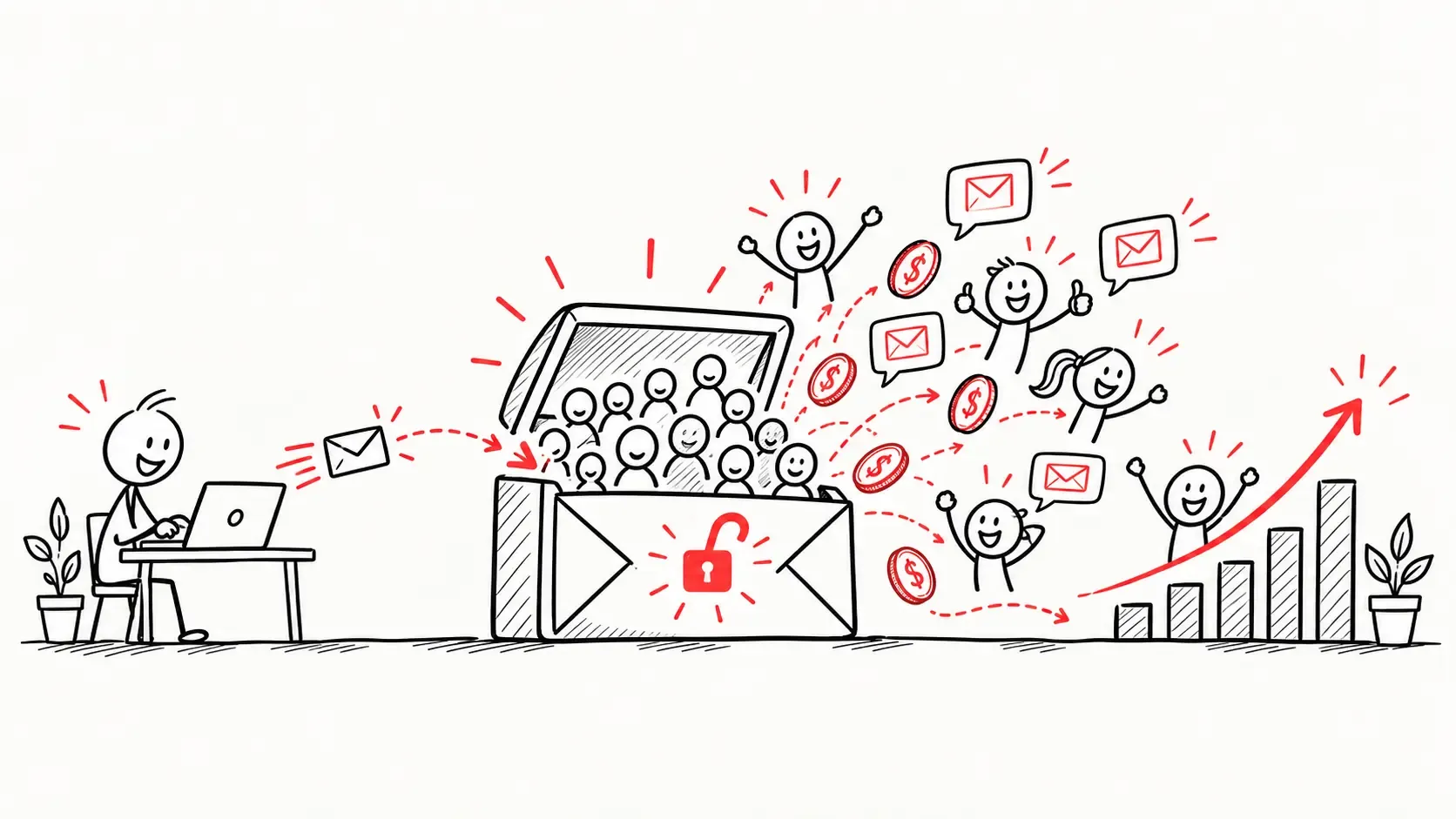 Drawing of person making money via email